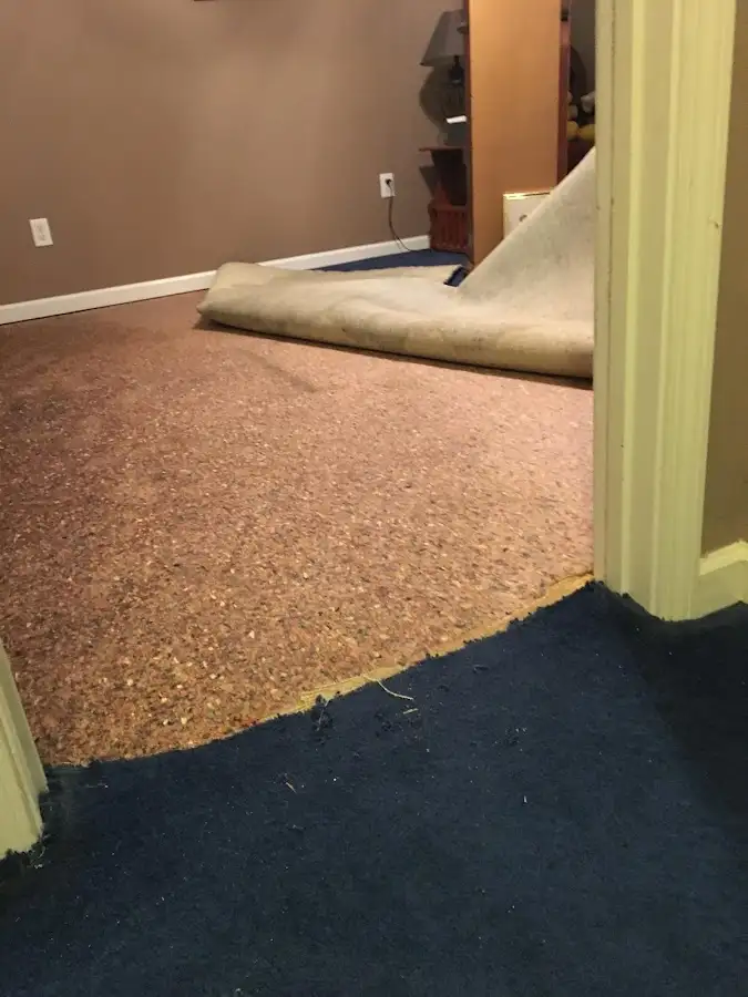 Carpet pad removal revealing water damage during Drying & Dehumidification in Wheeling